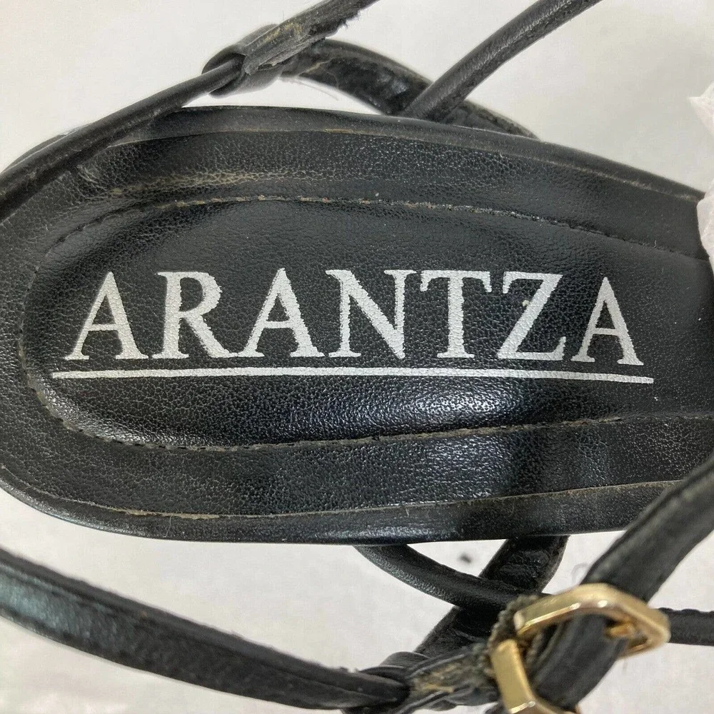 Arantza Sandals Womens Sz 7.5 Black‎ Leather T Strap Stiletto Heels